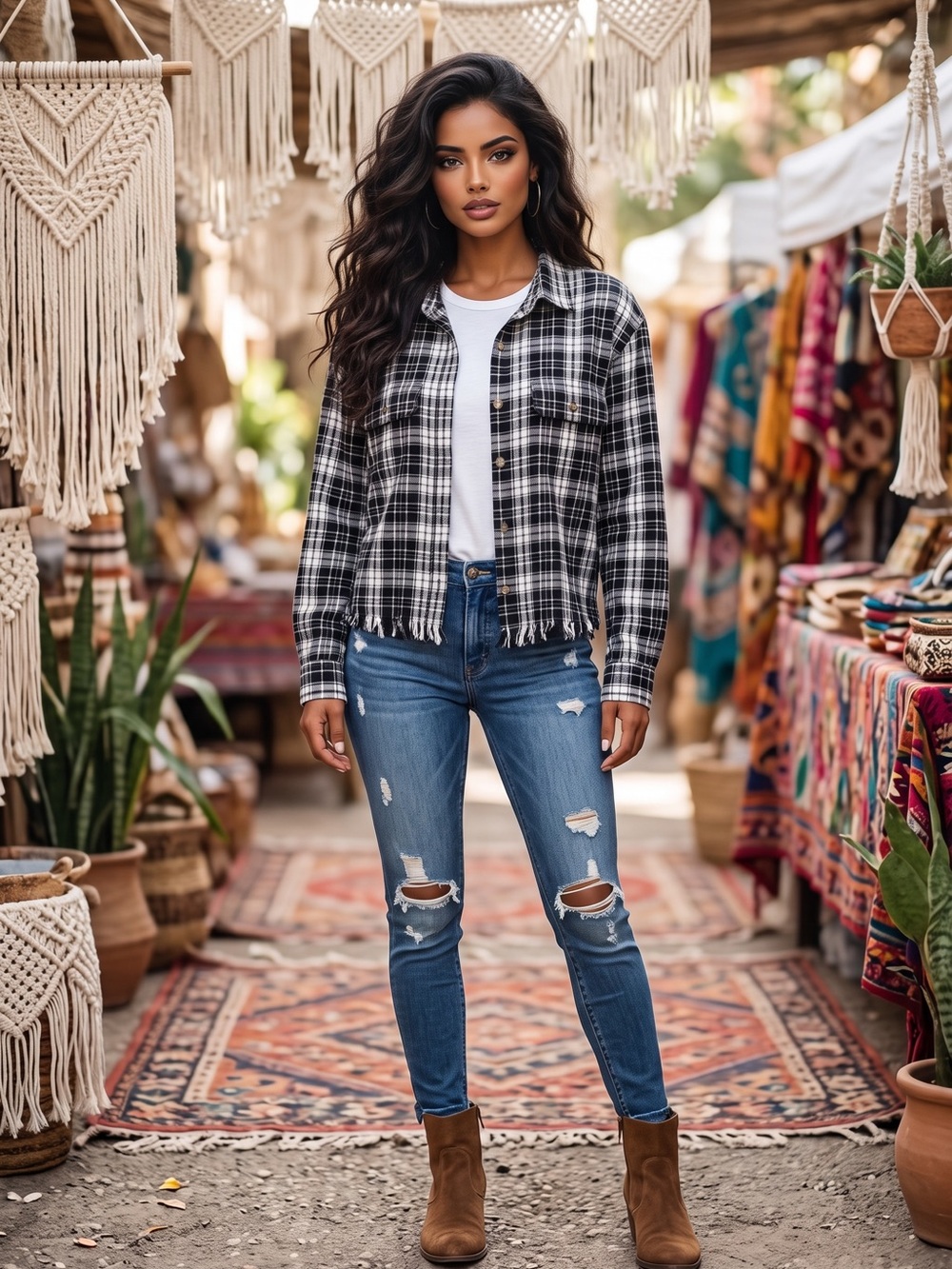 B802. Stylish Black & White Plaid Fringe Hem Shirt Jacket